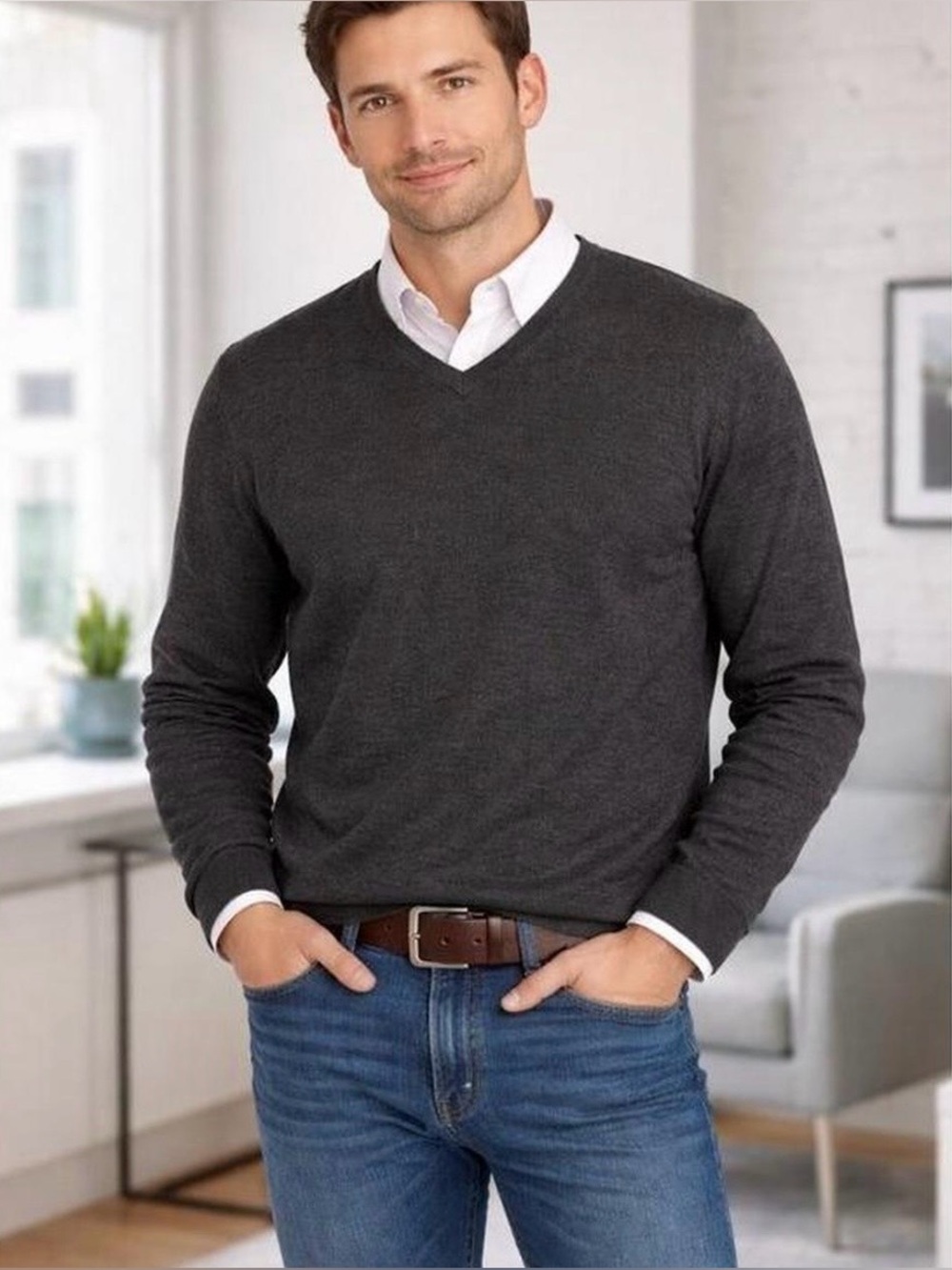 J. Crew Gray 100% Merino Wool V-Neck Sweater M